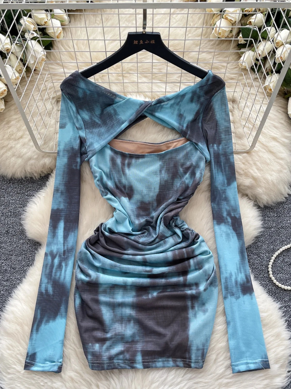 Long Sleeve Cutout Tie-dye Bodycon Dress