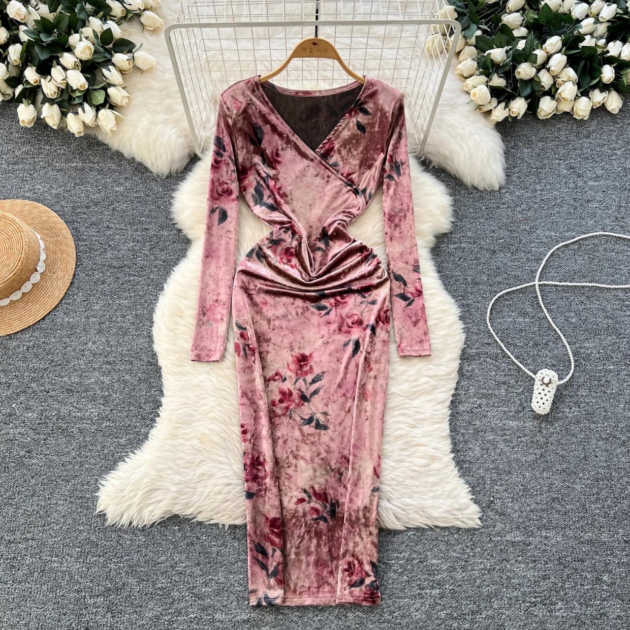 Floral Velvet Bodycon Dress, Long Sleeve Design