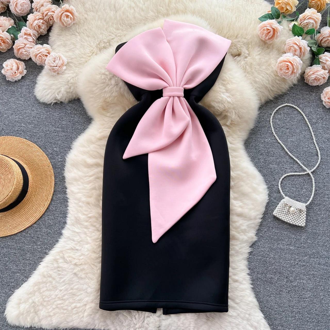 black strapless dress with pink bow Angelique Strapless Bow-Detail Maxi Dress in Black