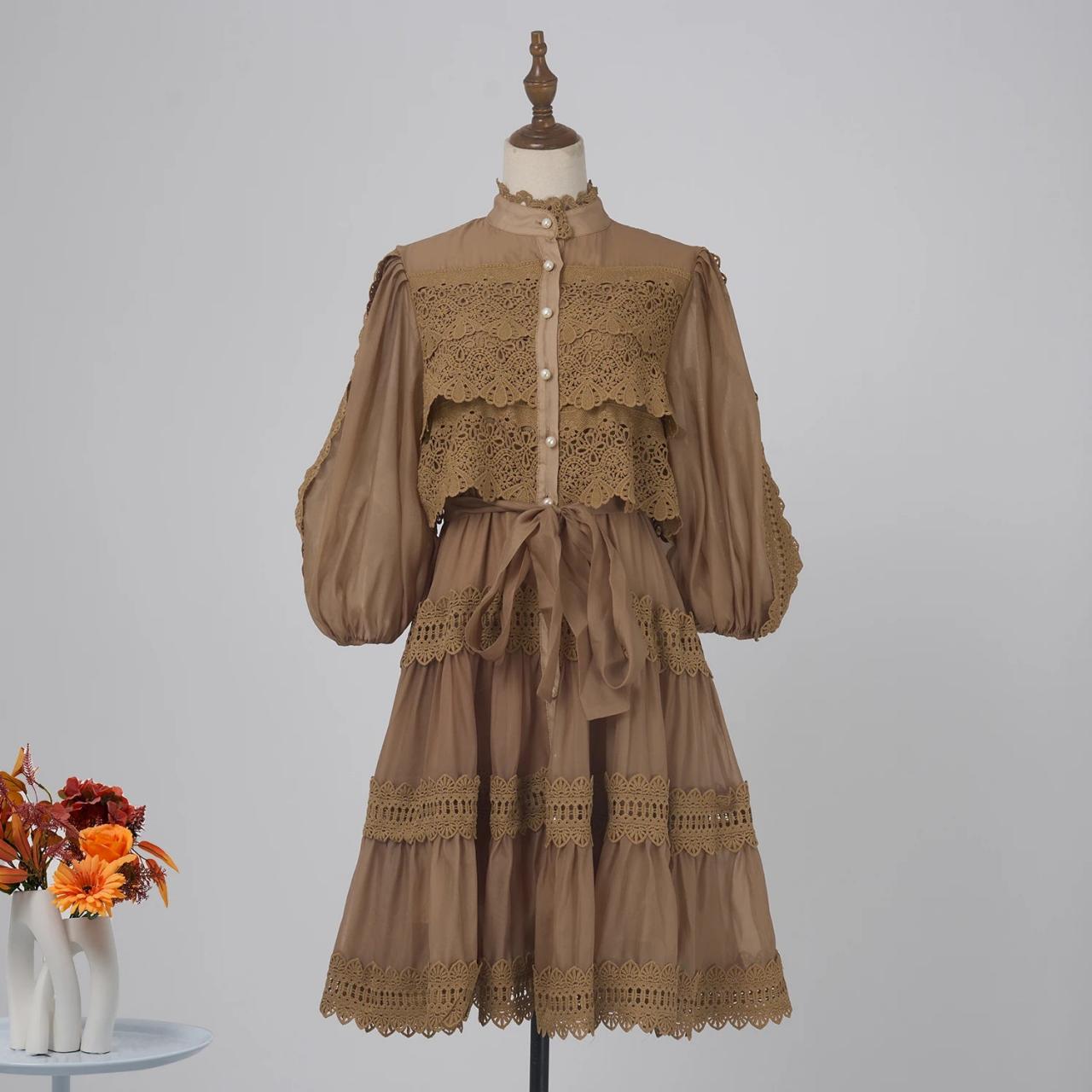 Vintage Lace Trim Brown Ruffle Midi Dress