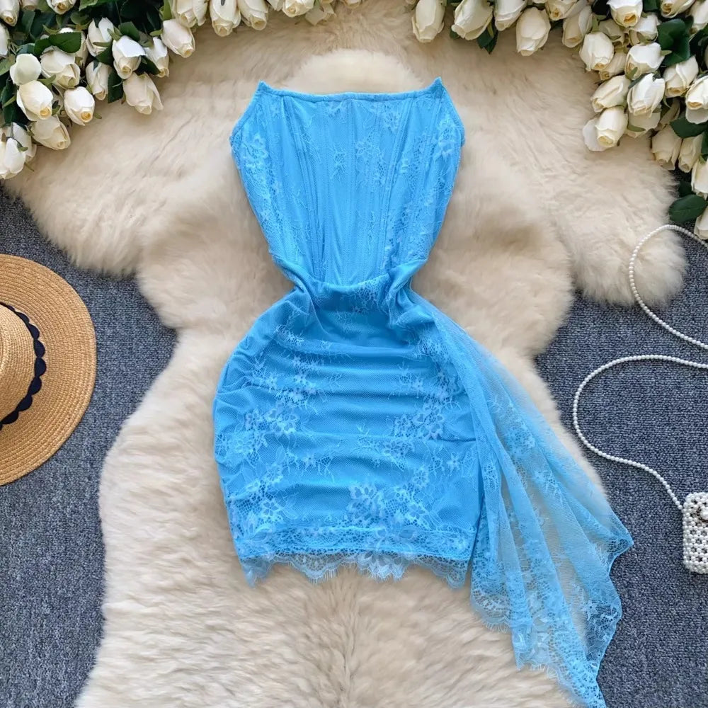 Blue Lace Sheer Floral Patterned Bodycon Dress on Luulla