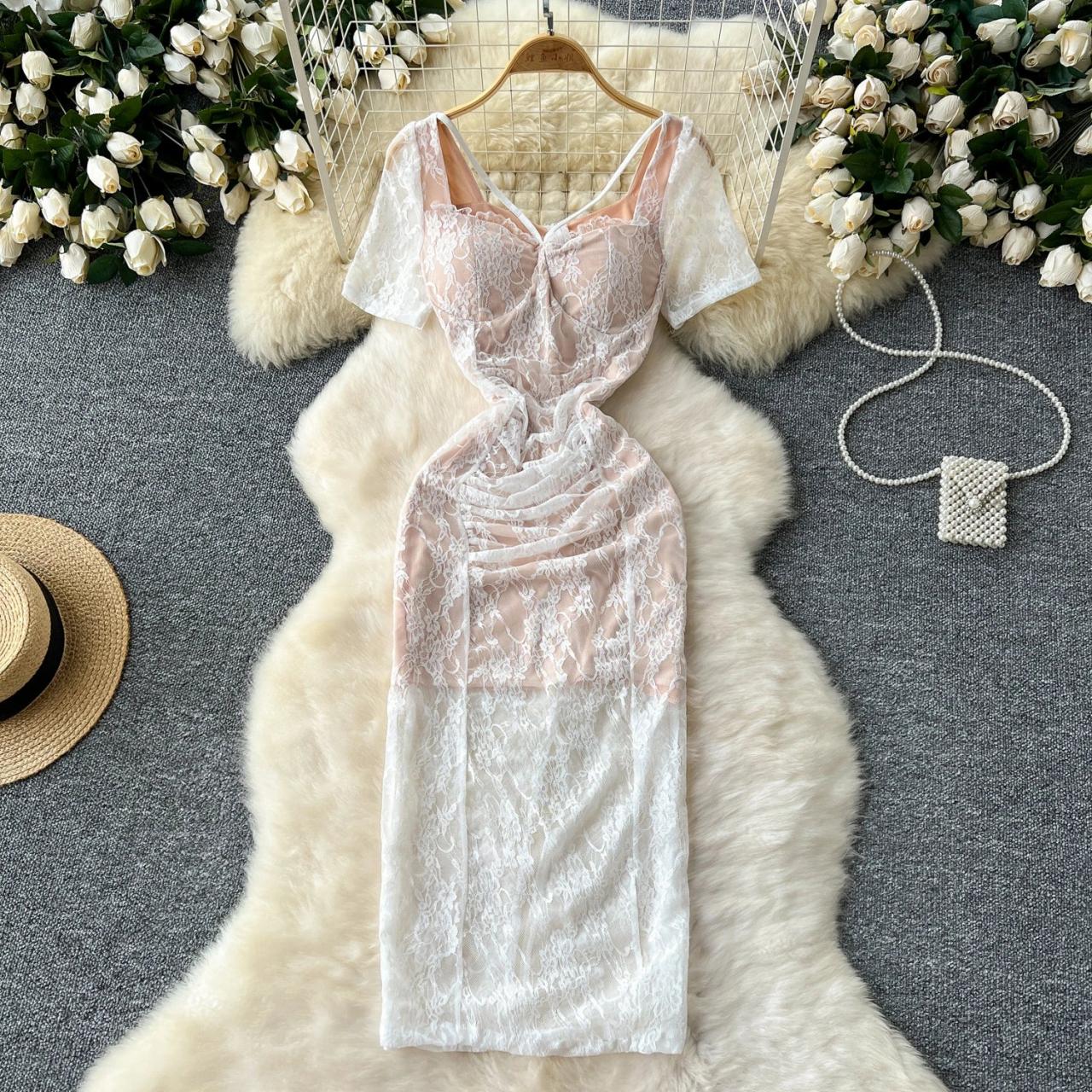 Sheer Lace Bodycon Dress With Mesh Accents