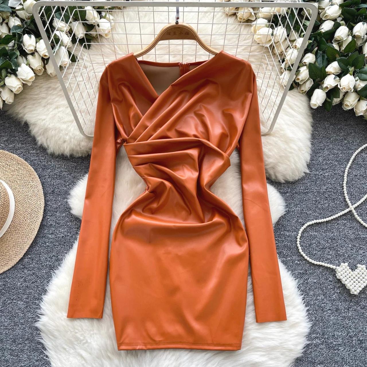 Orange Faux Leather Long Sleeve Bodycon Dress