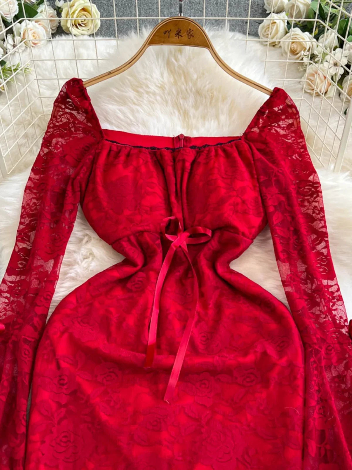 Red Lace Long-sleeve Bodycon Dress With Bell-sleeves on Luulla