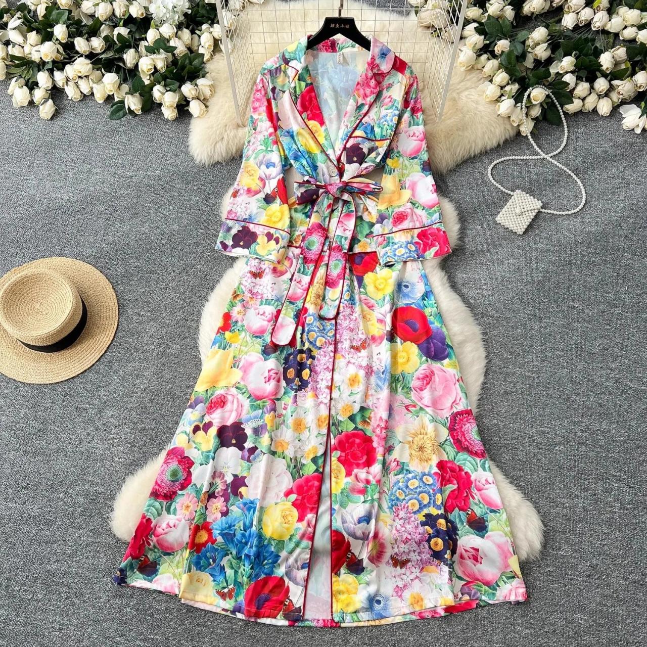 Vibrant Floral Patterned Long Sleeve Kimono Dress