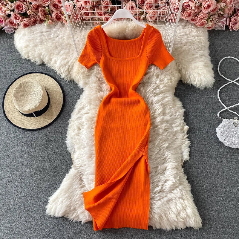 Vibrant Orange Square Neck Short Sleeve Dress on Luulla