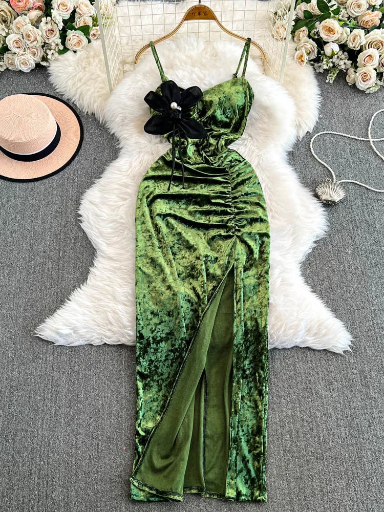 Green Velvet Gown With Ruched Bodice And Slit
