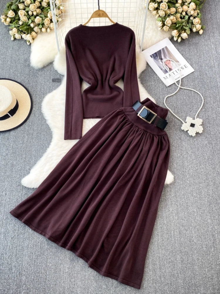 Long Sleeve Belted Dress With Flowy Skirt
