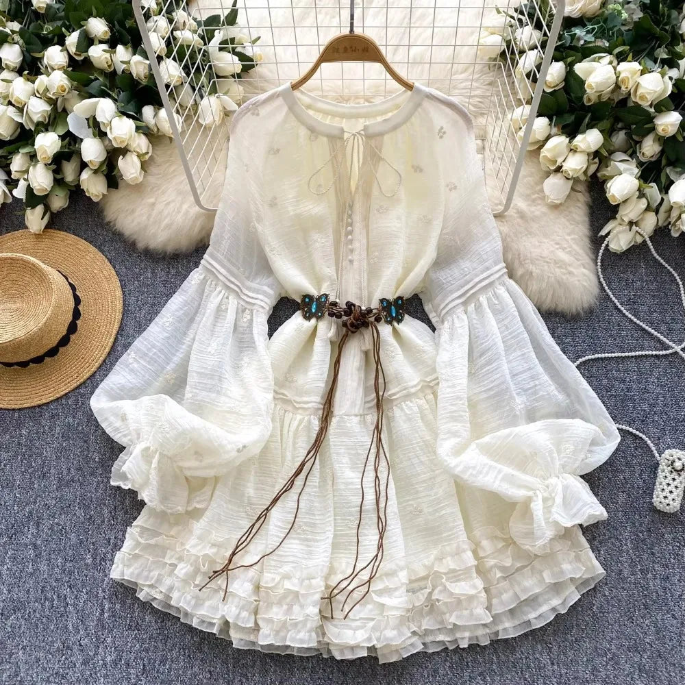 Bohemian White Dress with Flowing Bell Sleeves