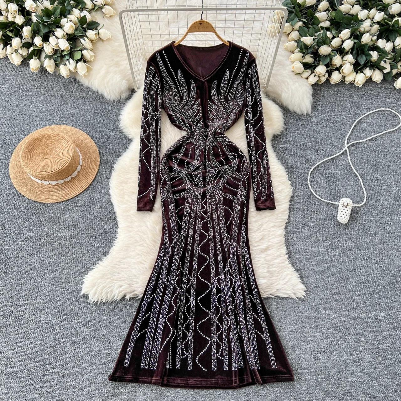 Sparkling Long-sleeve Dress With Beaded Design on Luulla