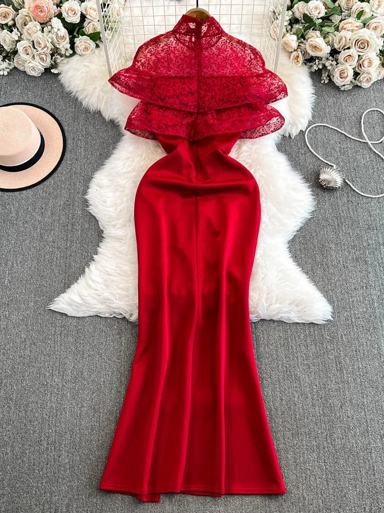 fitted lace wedding dress Red Lace Frill Detail Dress – AX Paris main image 0