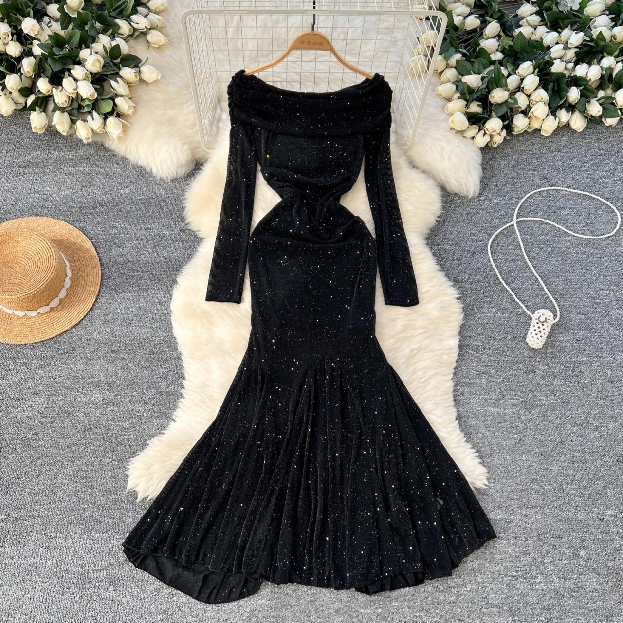 slim fit dress slacks Sequin Long Sleeve Off Shoulder Maxi Dress - Black
