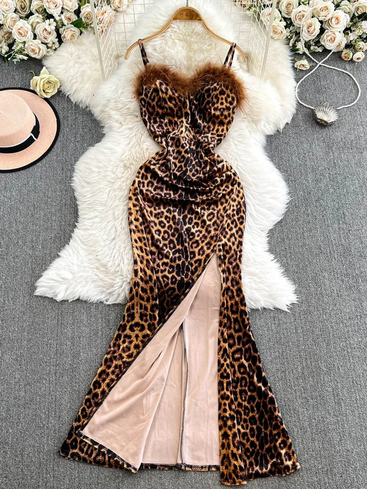 Faux Fur Leopard Print Strapless Maxi Dress