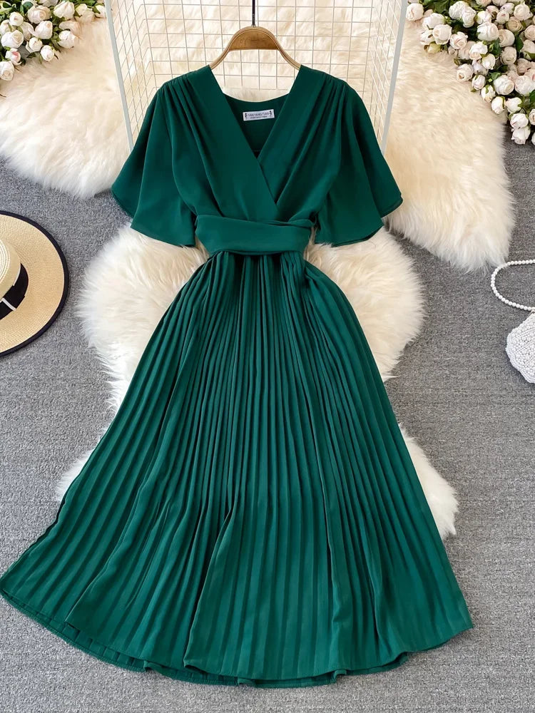 flowy black dresses Angel Sleeve Pleated Wrap Midi Dress – InTheStyle main image 1
