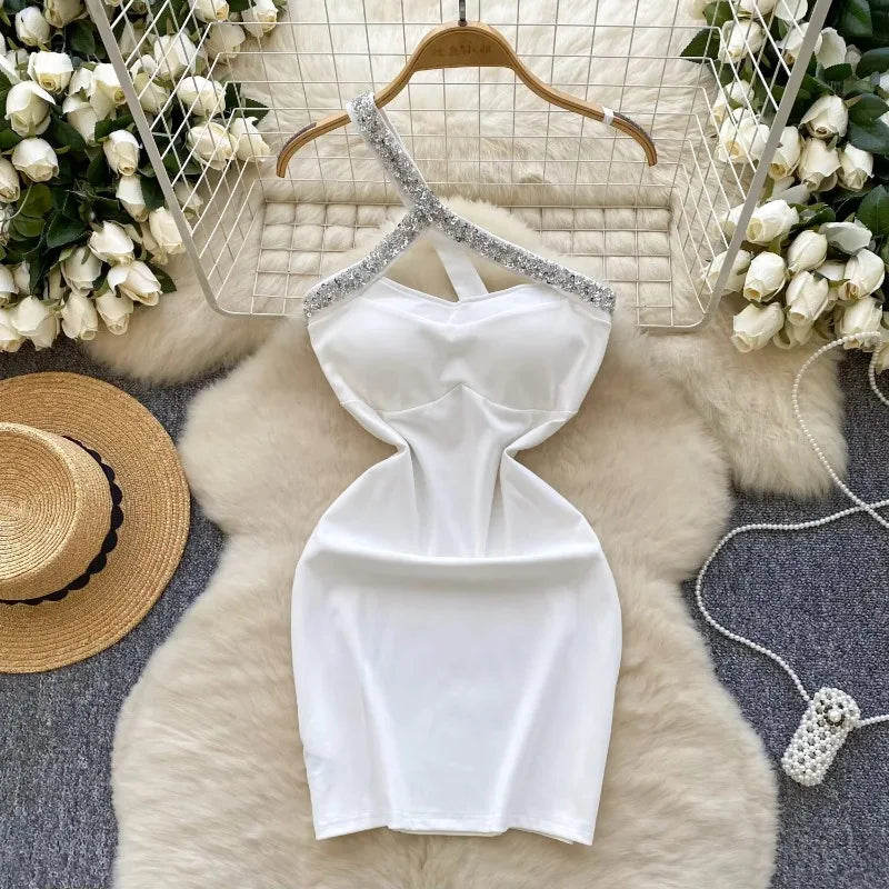 white rhinestone party dress white dress prom Sparkly Rhinestones Two-piece White Slit Prom Dress