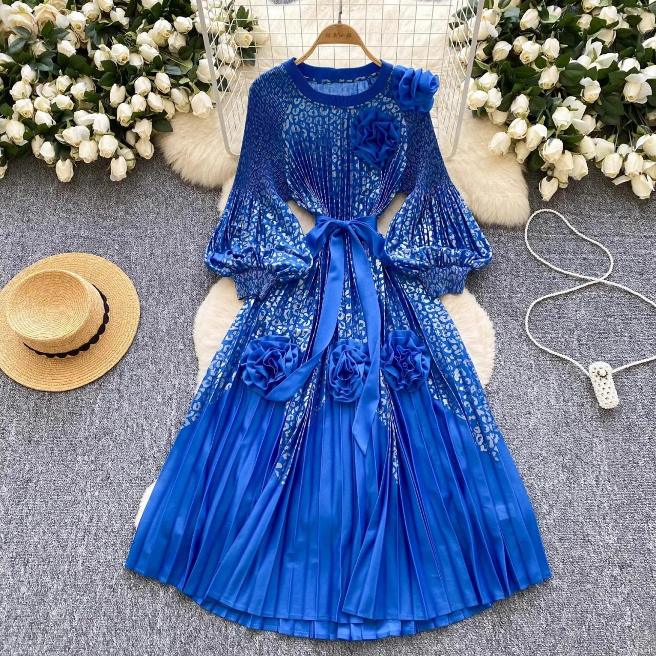 Royal Blue Floral Lace Pleated Dress With Sleeves