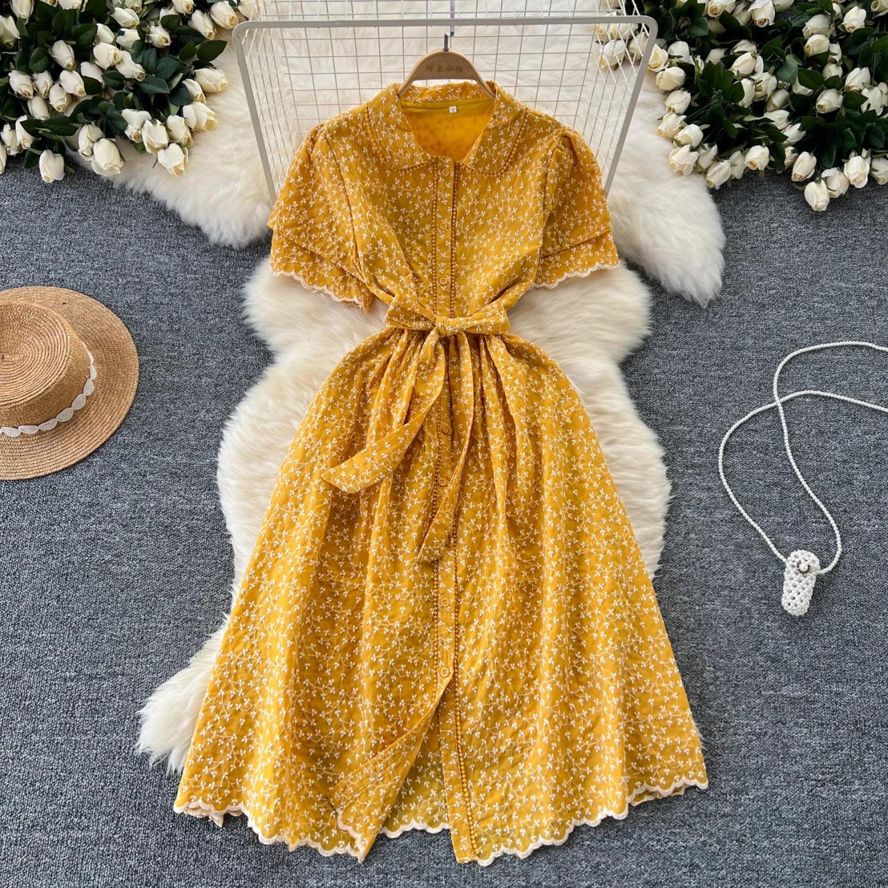 knee length dresses for ladies Yellow Floral Cotton Midi Dress – self-portrait-US