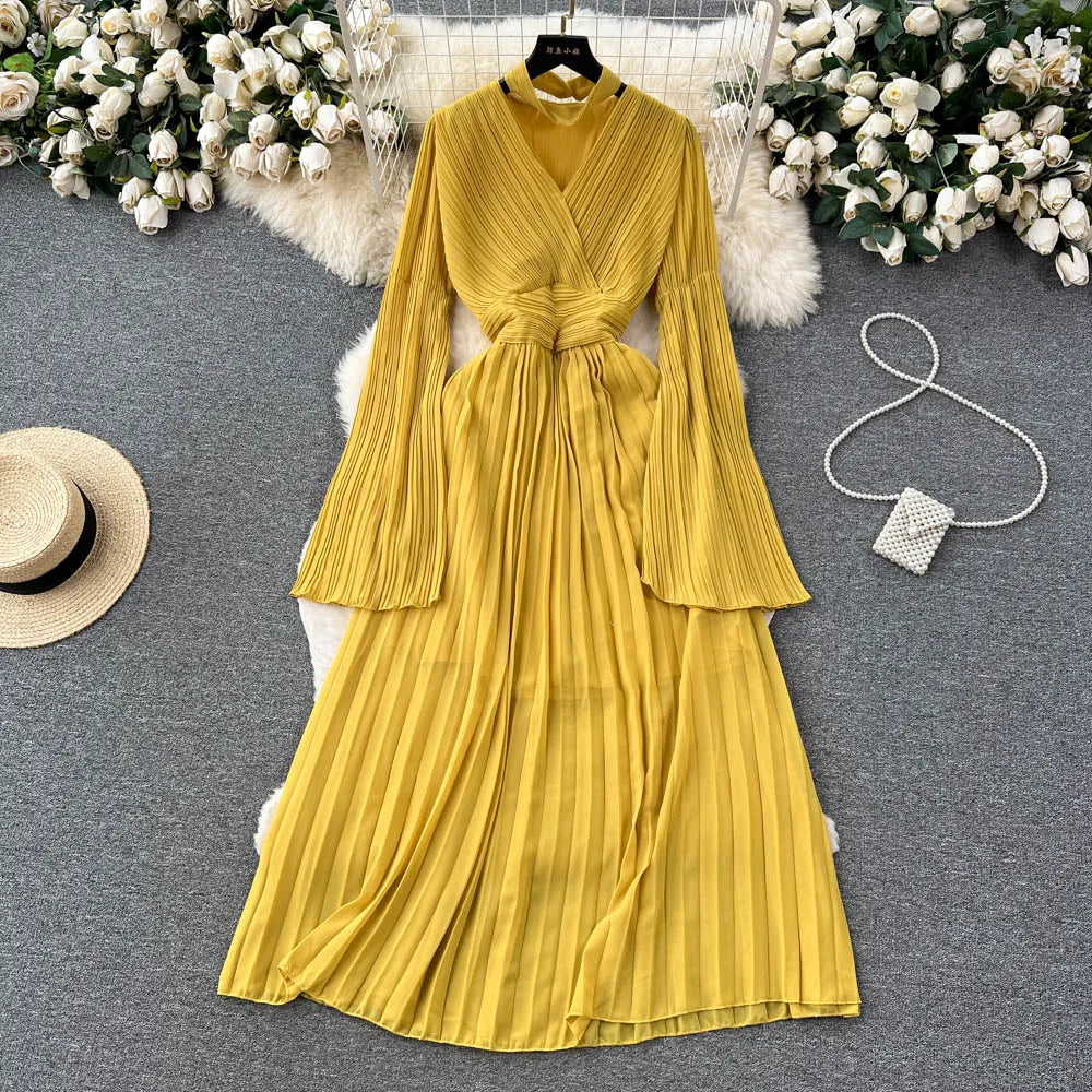 mustard yellow pleated dress Elegant Mustard Yellow Pleated Maxi Dress