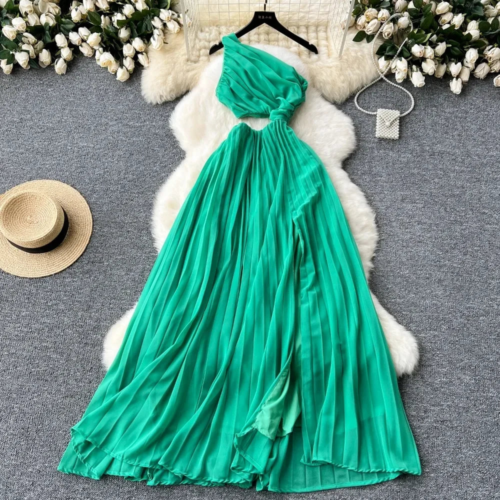 Flowing Teal One-Shoulder Pleated Maxi Dress