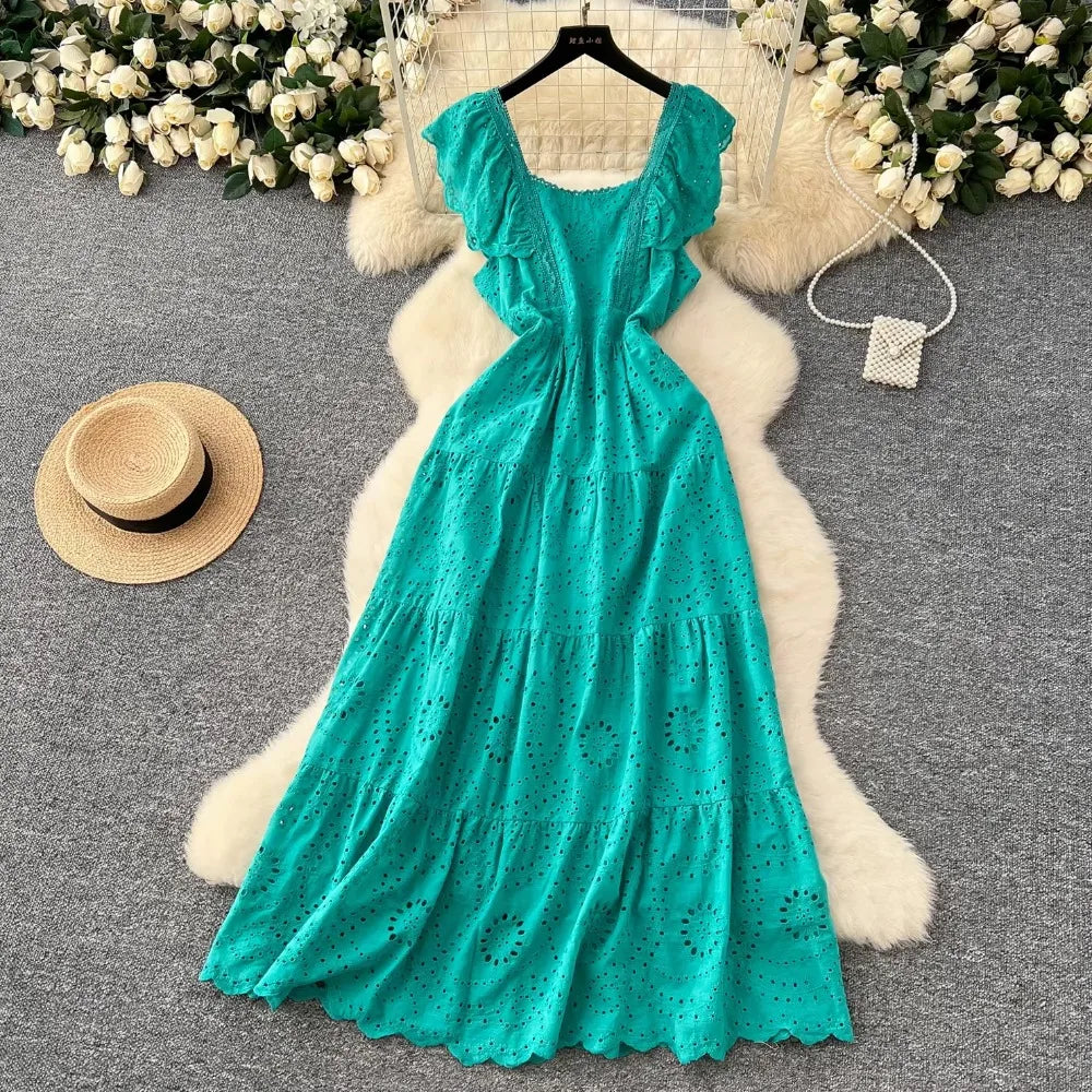 Turquoise Lace Sleeveless Maxi Dress With Ruffles