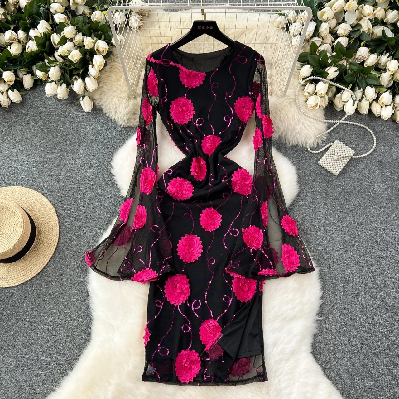 Floral Mesh Dress With Pink Sequin Embroidery