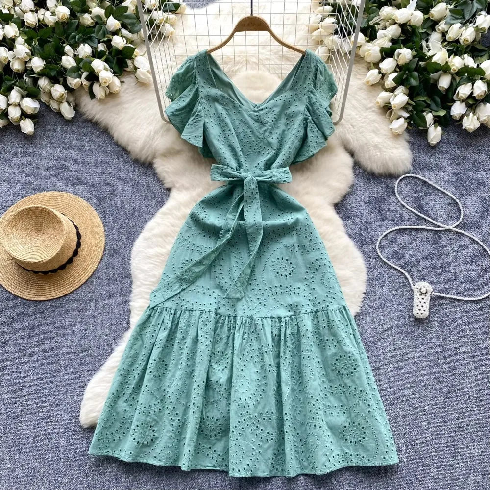 green emerald velvet dress Rivia Eyelet Ruffled Flare Dress In Mint Green – The Design Closets