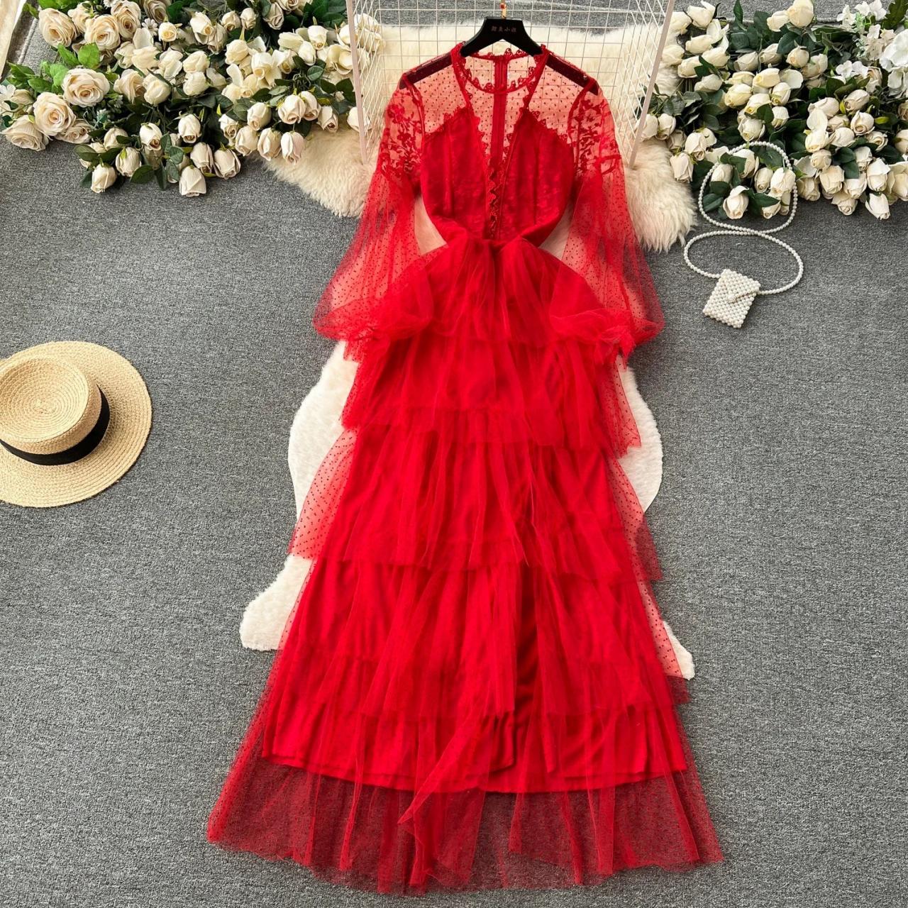 Red Lace Tiered Long Sleeve Gown Dress