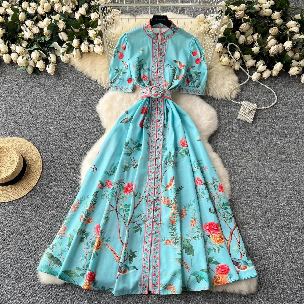 Floral Mandarin Collar Maxi Dress with Sash
