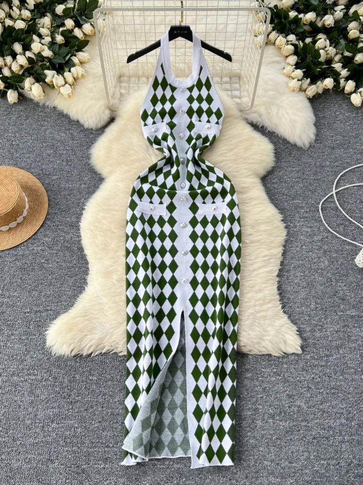 Halter Neck Green Diamond Pattern Button Dress