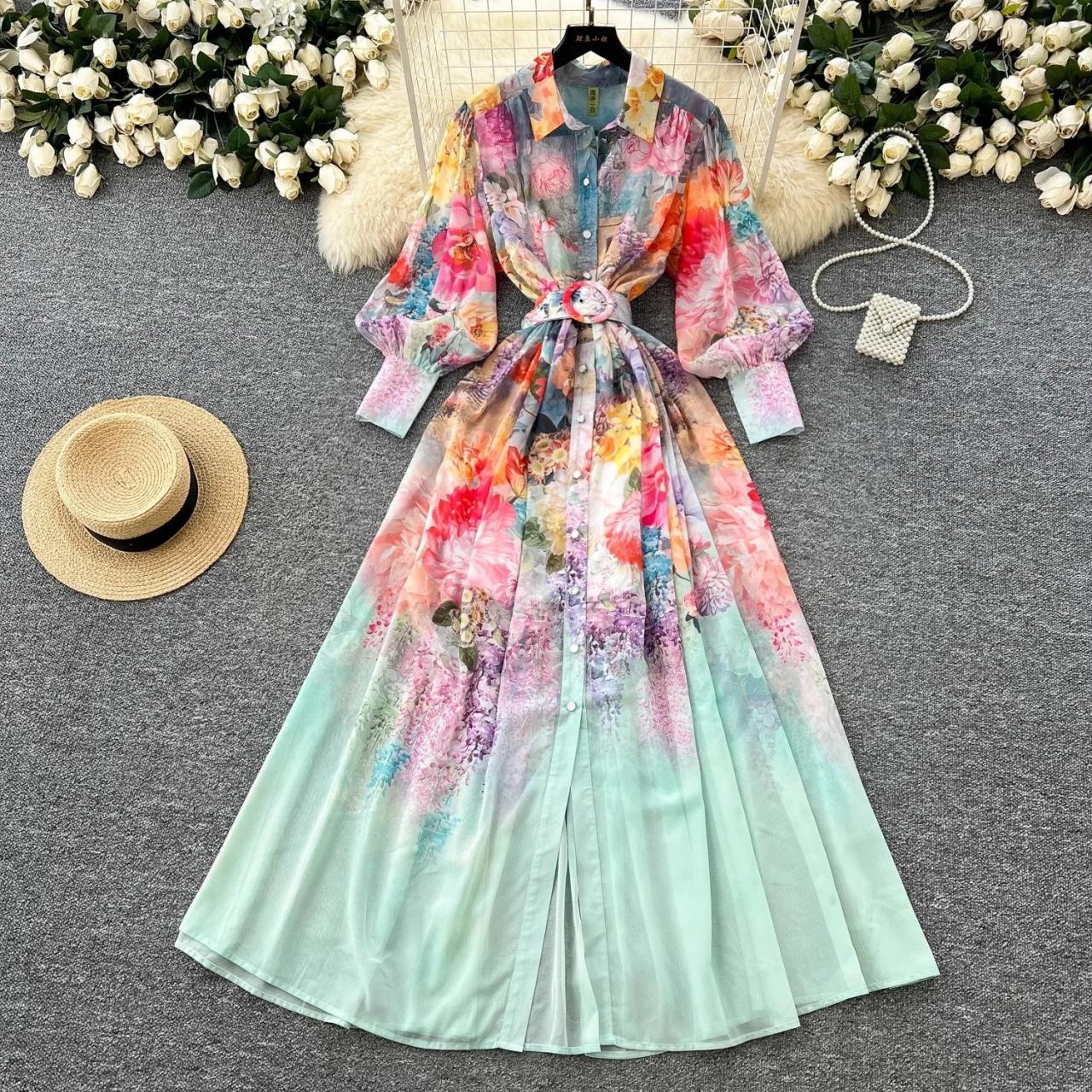 Floral Long Maxi Dress With Belt, Pastel Colors on Luulla