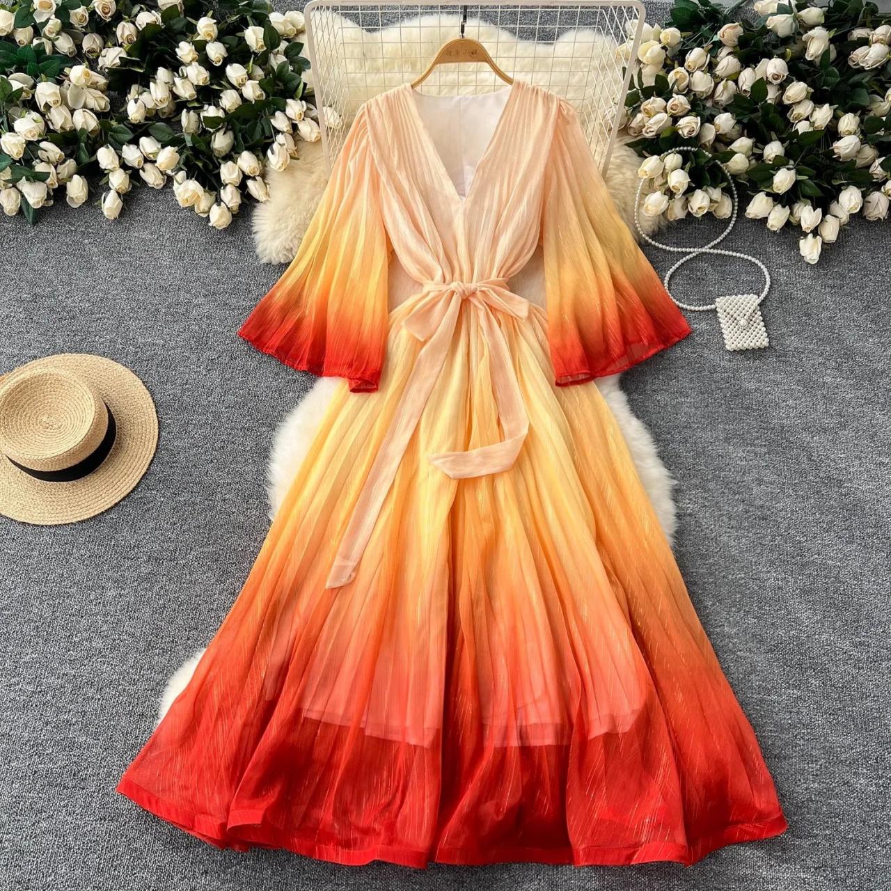 Vibrant Ombre Maxi Dress With Belted Waist
