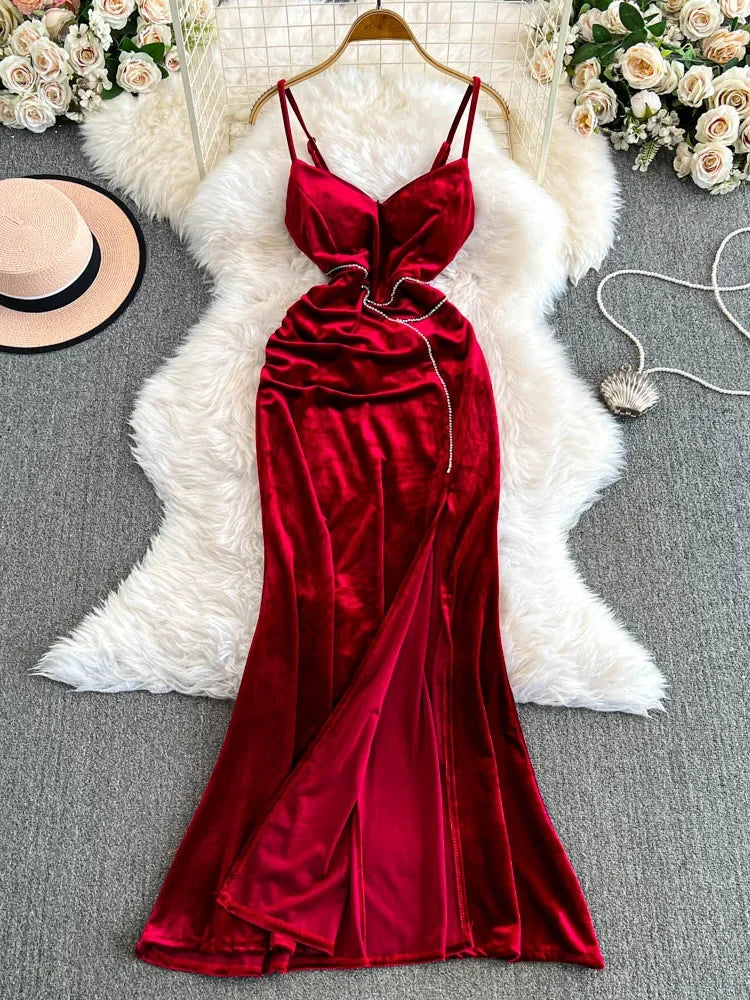 Luxurious Red Velvet Spaghetti Strap Maxi Dress