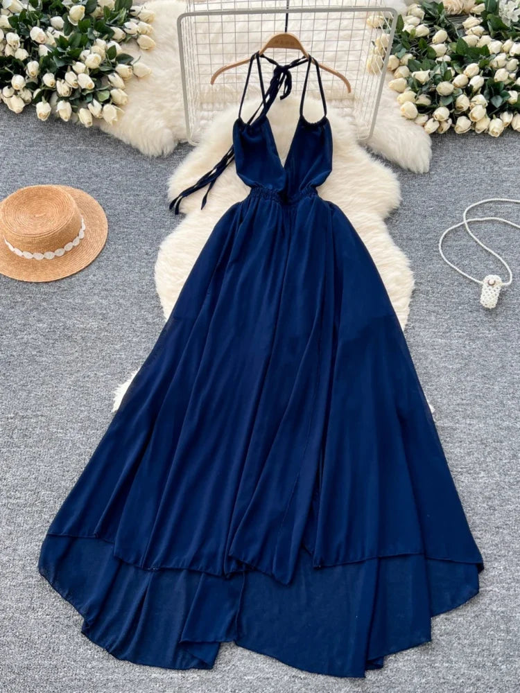 Navy Halter Maxi Dress With Flowing Skirt