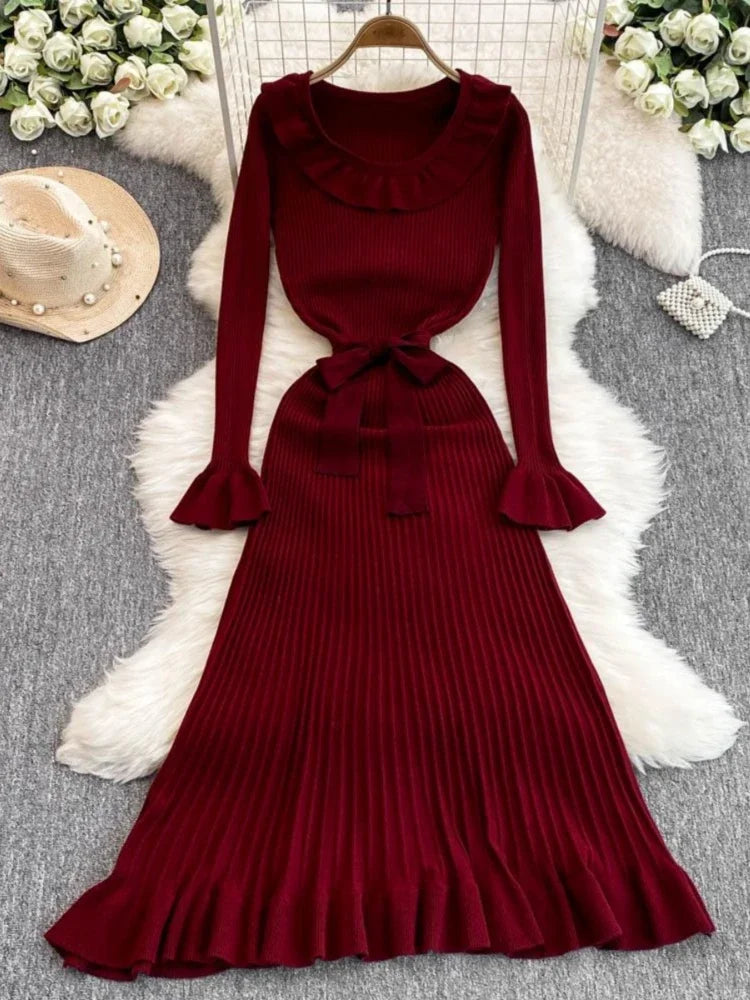Long Sleeve Ribbed Knit Dress With Belt