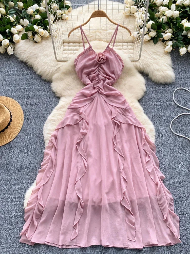 Pink Halter Ruffled Maxi Dress With