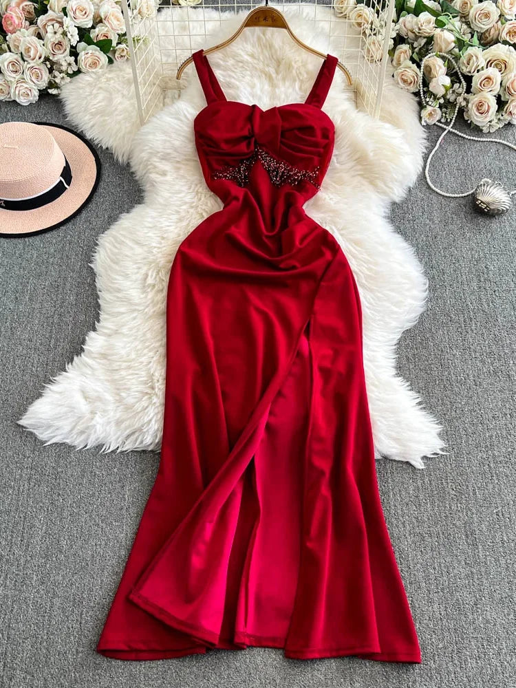 Red Satin Evening Dress With Jeweled Accents on Luulla