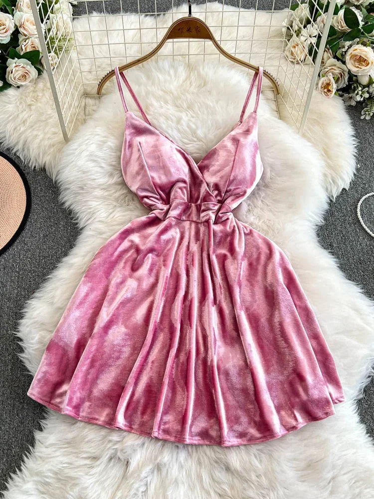 pink velvet spaghetti strap dress Soft And Velvet Mini Dress - Pink