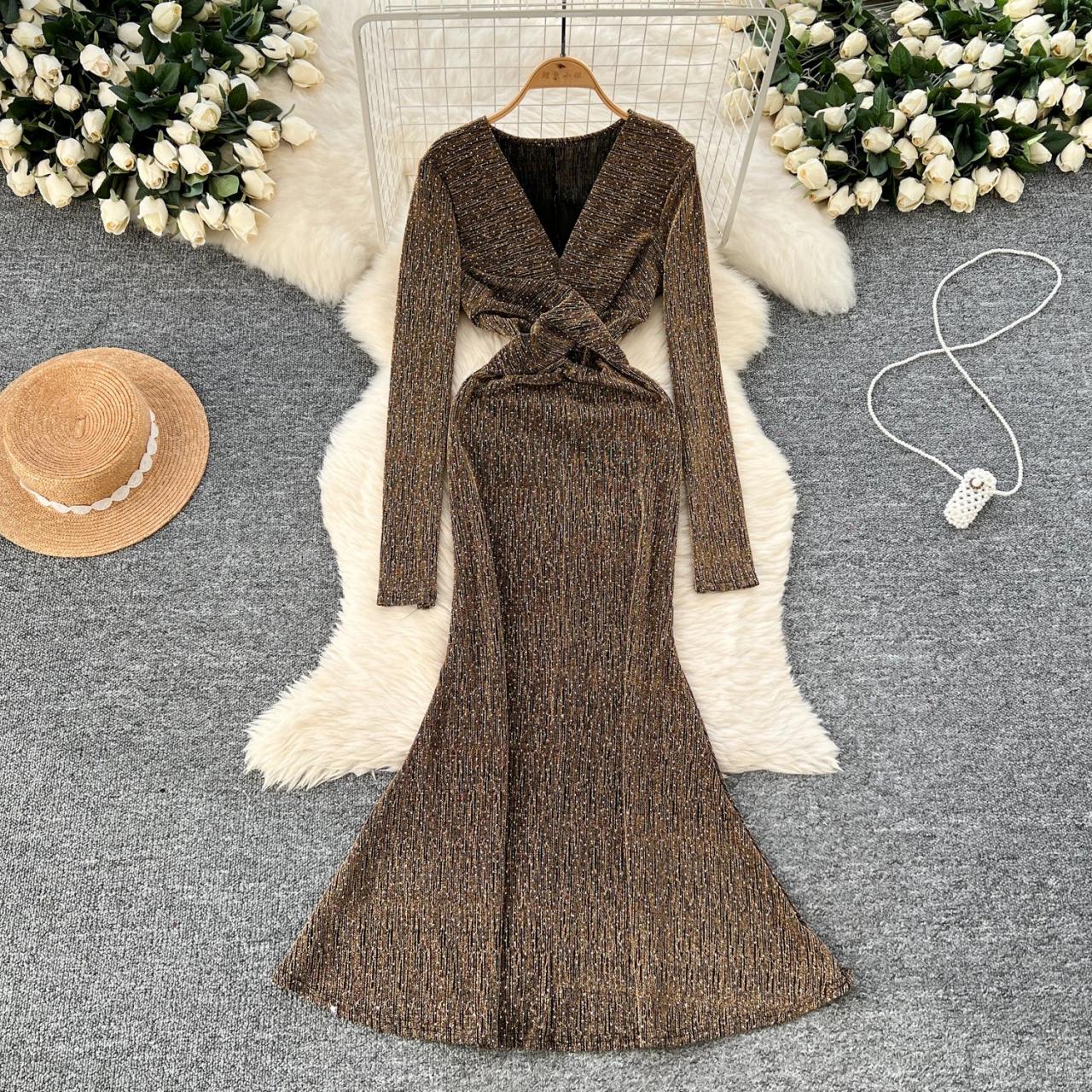 Long-Sleeve Sparkling V-Neck Wrap Evening Gown
