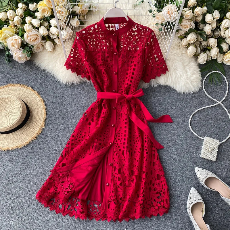 Lace Red Dress With Belt And Buttons