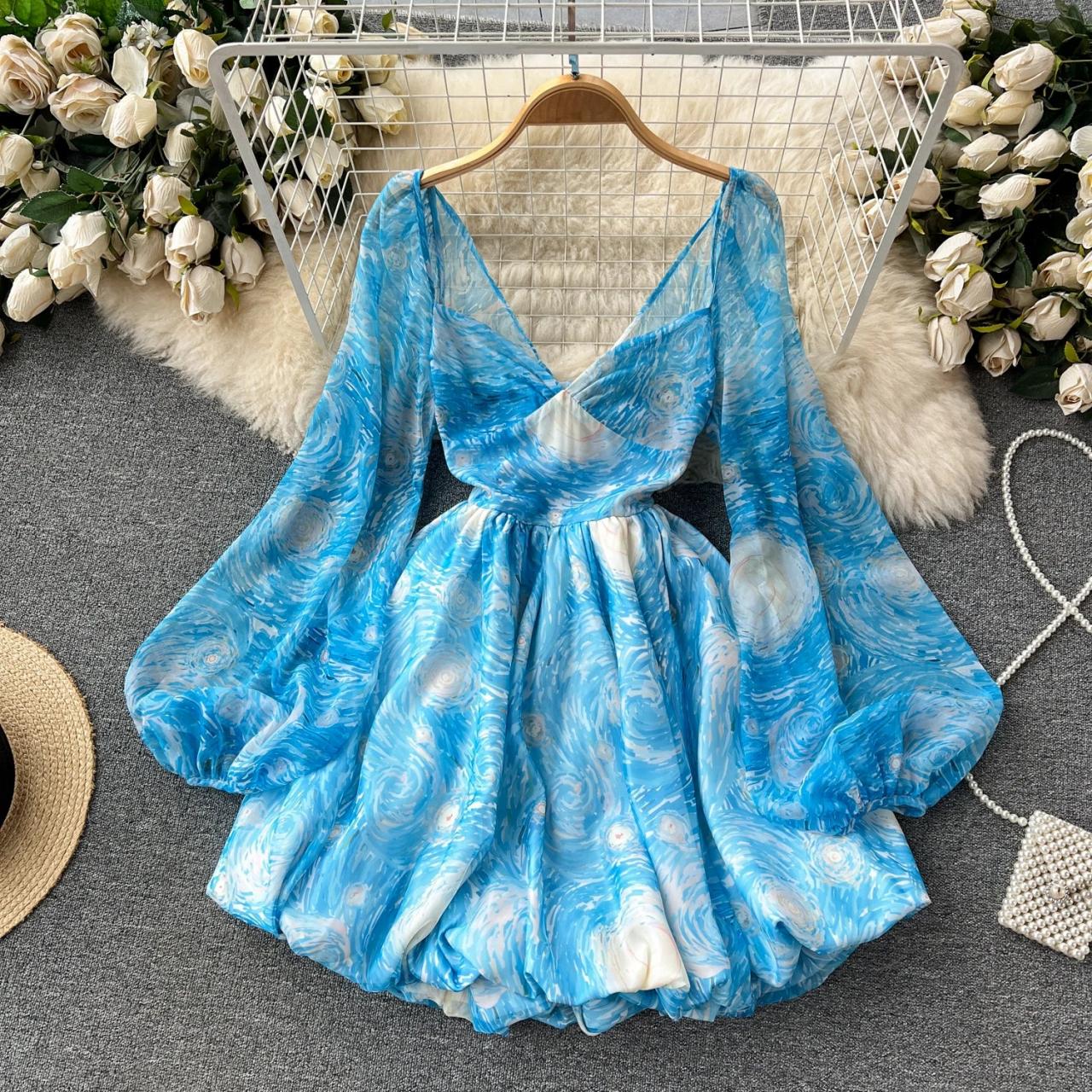 knee length dresses for ladies Vikki Baby Blue Long Sleeve Skater Mini Dress – Get That Trend UK main image 0