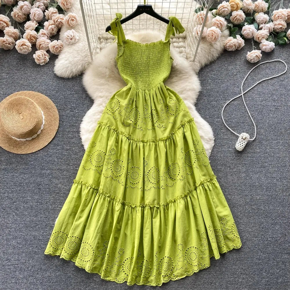 Green Eyelet Smocked Maxi Dress With Sash Ties on Luulla