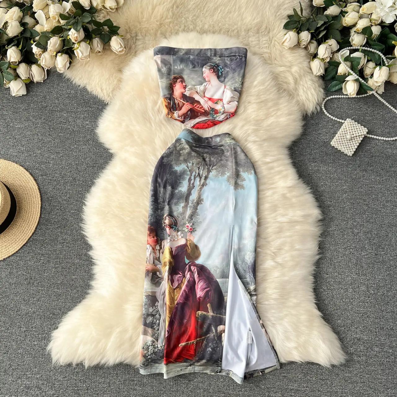 Vintage Art Printed Maxi Dress with Shawl