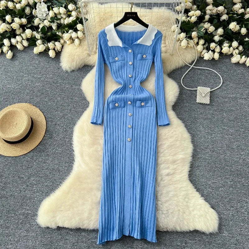 Blue Ribbed Long-sleeve Button-down Maxi Dress on Luulla