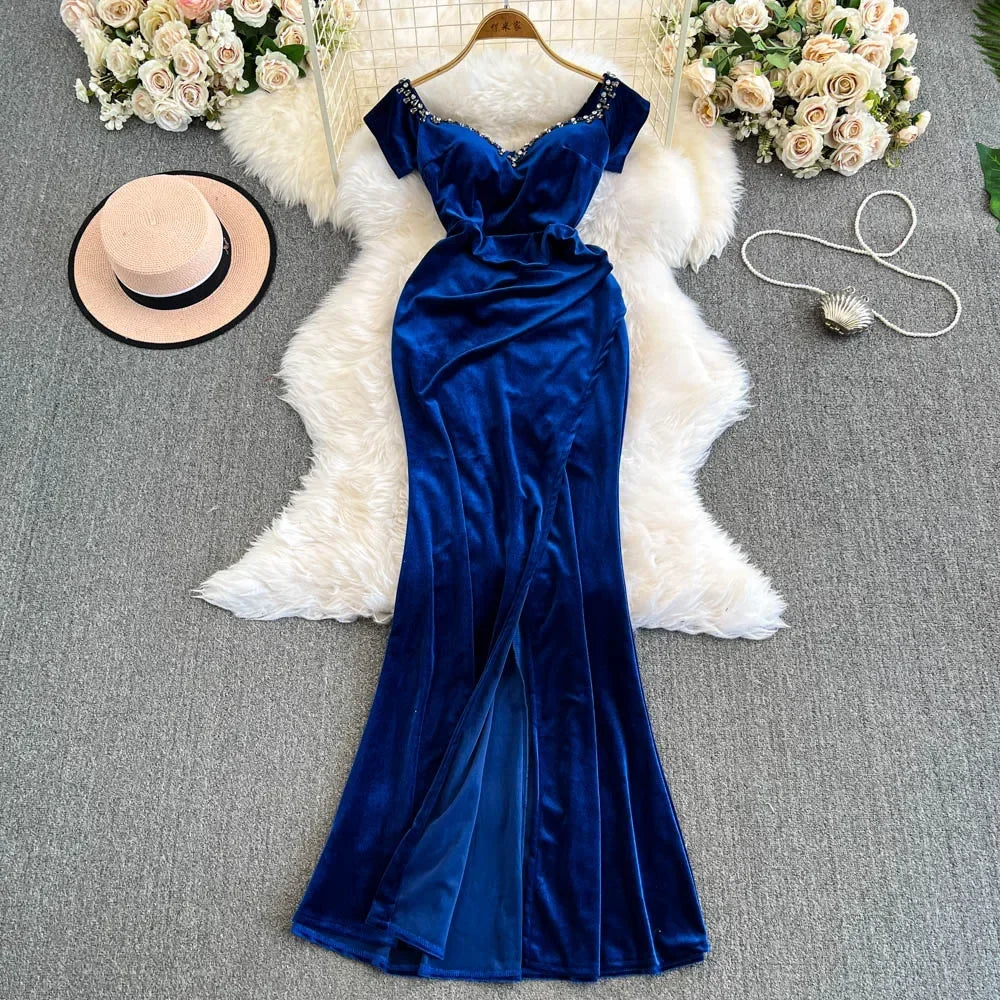 Royal Blue Velvet Gown With Rhinestone Straps