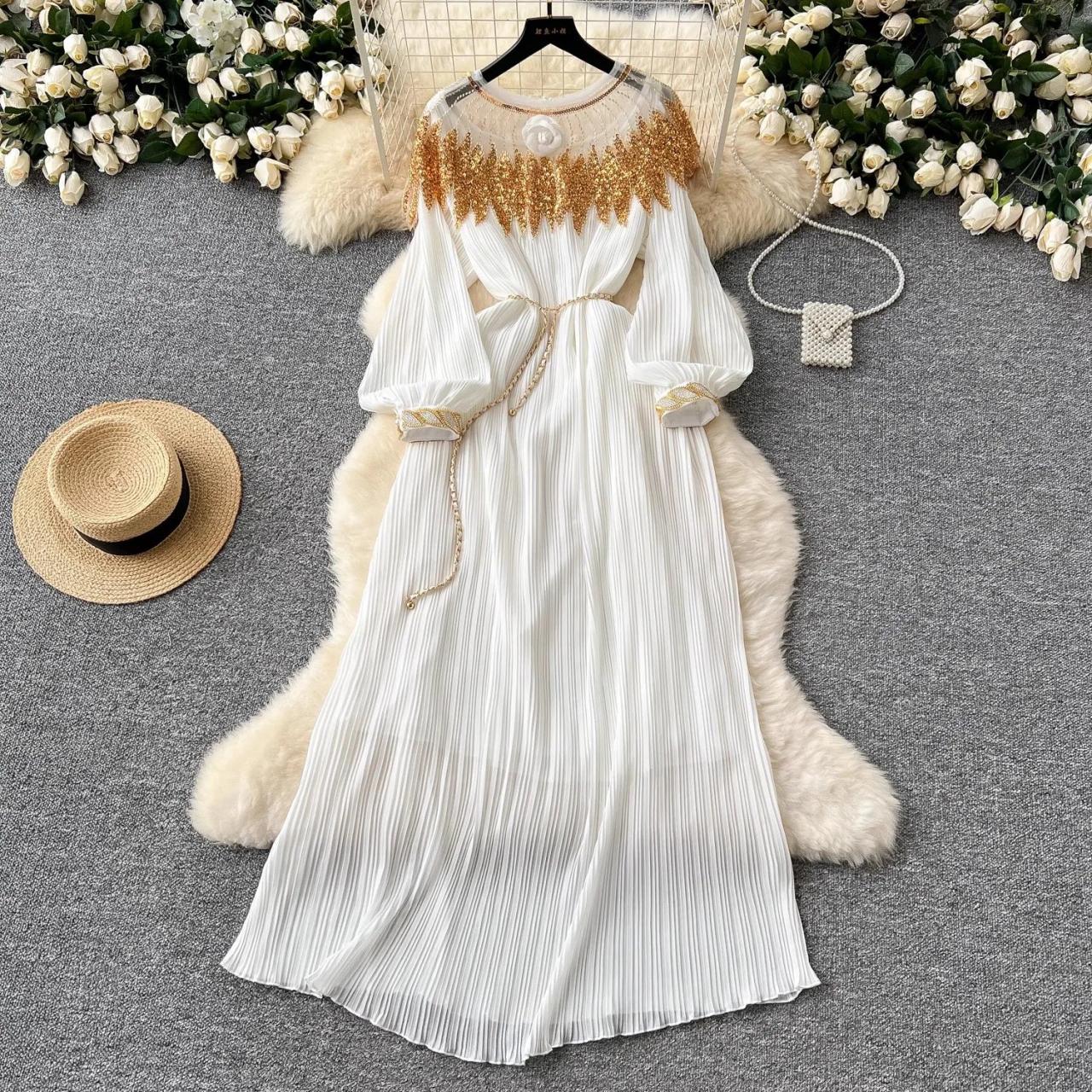 Gold Embroidered Flowing White Maxi Dress