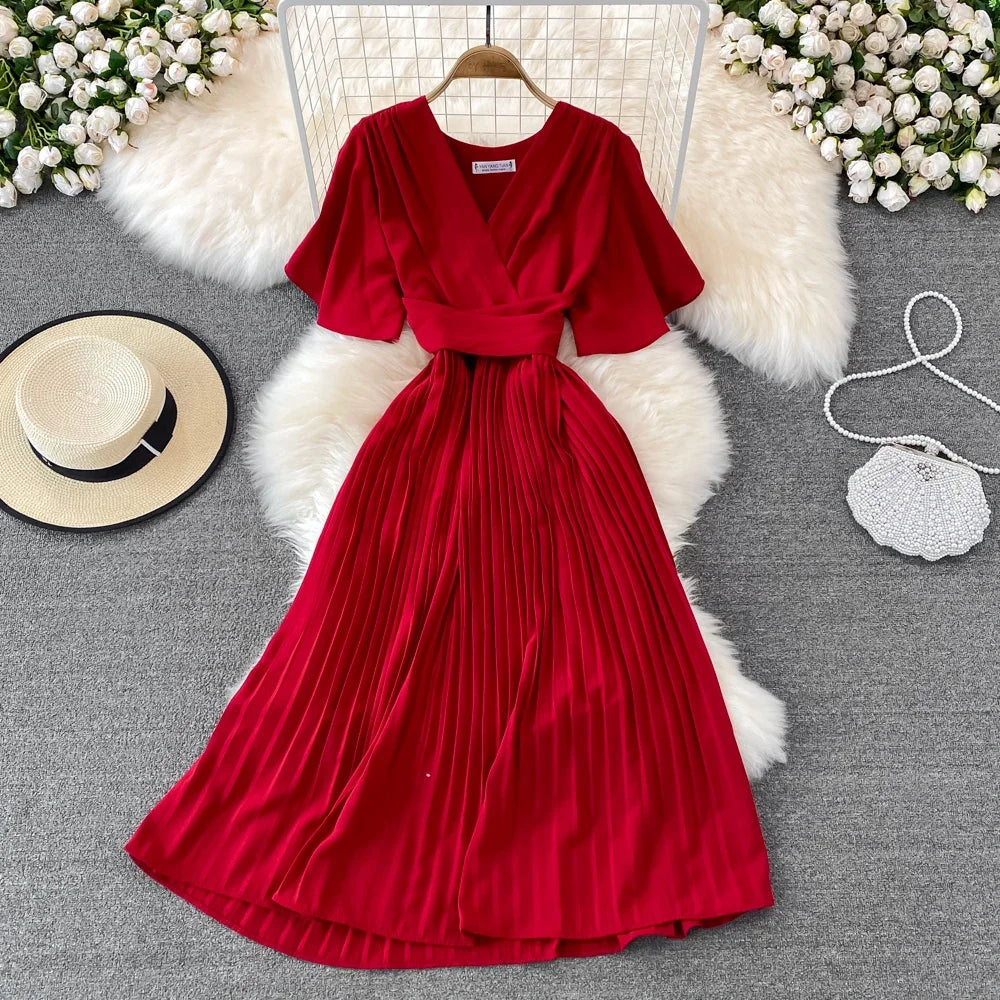 red pleated wrap dress Red Pleated Wrap Dress With Short Sleeves