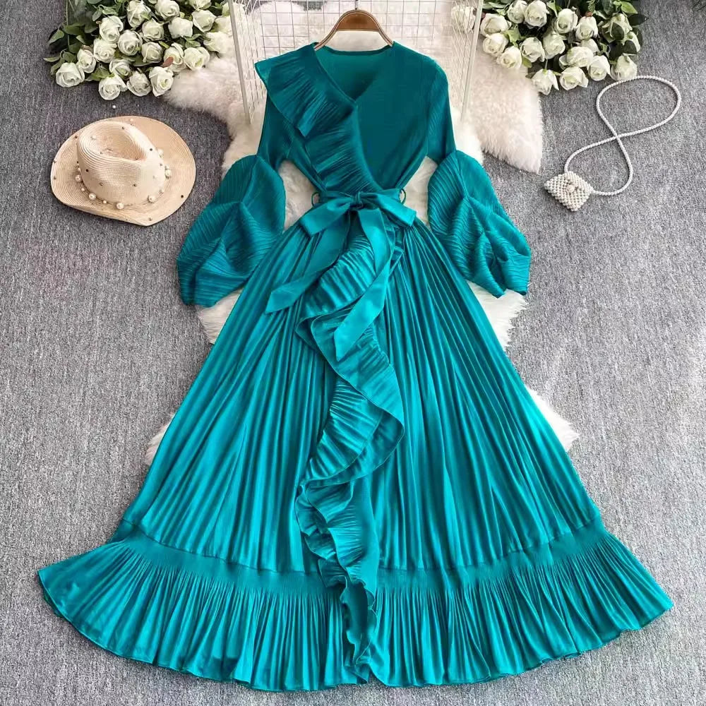 turquoise pleated dress Turquoise Halter V-Neck Pleated Satin Sleeveless Long Prom Party Dress, Turquoise / 12