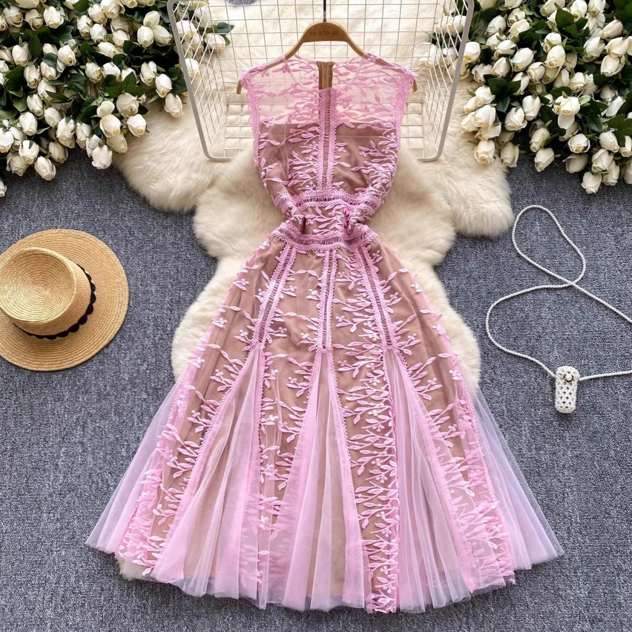 knee length dresses for ladies Plus Size Neon Pink Sheer Lace Open Back Mini Dress main image 1