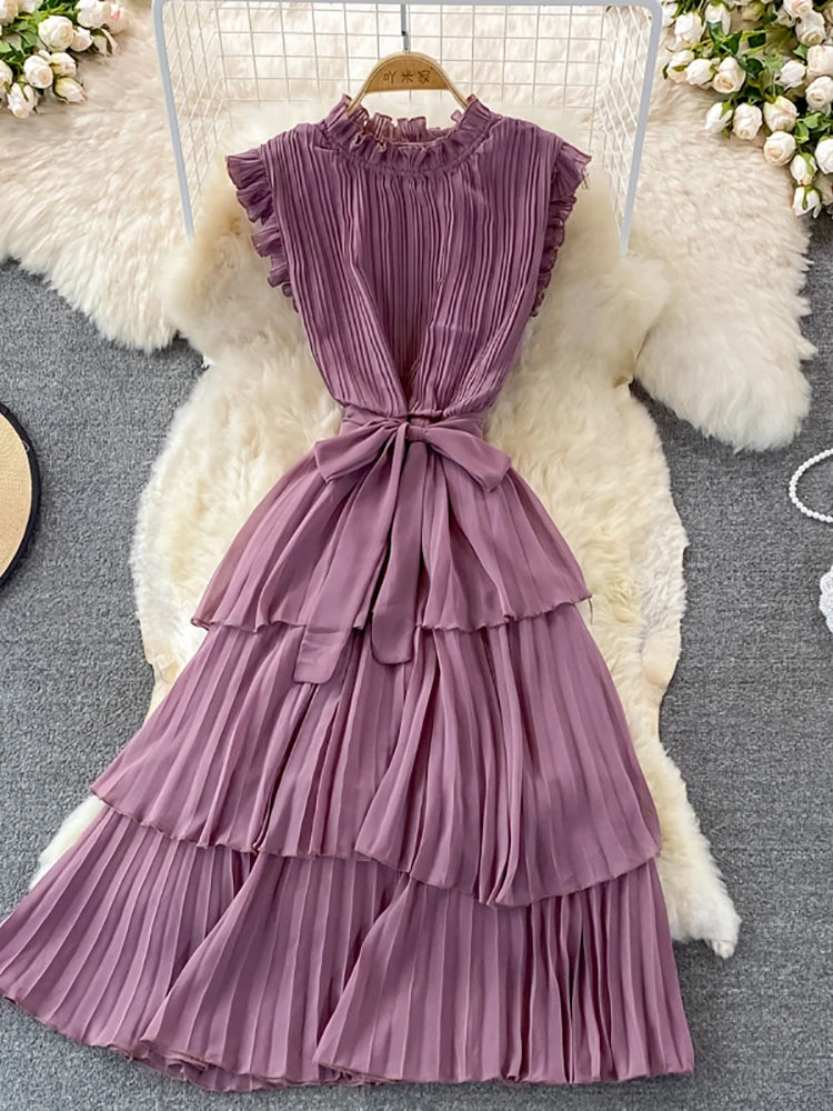 open lace back dress Vina Tiered Pleated Layered Maxi Dress main image 0