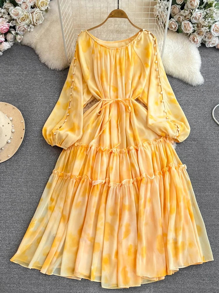 Flowy Yellow Chiffon Dress with Button Sleeves